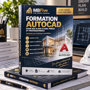 Può includere: Un libro didattico blu scuro intitolato Formation AutoCAD con una grafica bianca di una casa architettonica, il logo Autodesk AutoCAD e testo che descrive una guida visiva per piani professionali, inclusi icone per strumenti e stampa.
