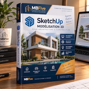 Peut inclure: Un livre relié intitulé SketchUp MODÉLISATION 3D POUR ARCHITECTURE & CONSTRUCTION par MBFive. La couverture présente une maison moderne avec piscine, des icônes techniques et du texte en français. Le livre est posé sur un bureau en bois.