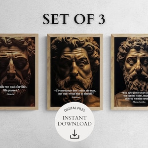 Conjunto de 3 impresiones de arte mural con citas estoicas: antiguos filósofos estoicos: Marco Aurelio, Séneca y Epicteto - Obras de arte de sabiduría estoica