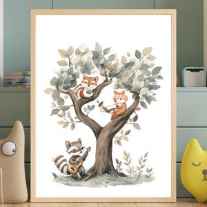 Woodland Animals Playing Music Nursery Art Kids Decor Whimsical Tree Print Art Soft Pastel Color for Baby Room Wall Art for Baby Shower Gift