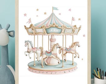 Baby Shower Wall Art Decor for Nursery Girl Room Printable Art Gift Soft Pastel Colors for Kids Wall Art Carousel Vintage Decor Digital