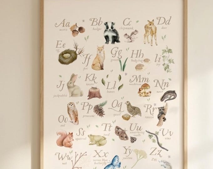 Woodland Alphabet Nursery Print, ABC Animal Wall Art, Neutral Nursery ...