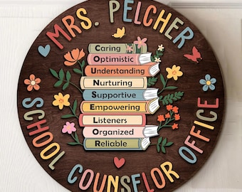 Letrero 3D personalizado para puerta de oficina de consejero escolar, regalo personalizado de regreso a clases para psicólogo/a, letrero para puerta de aula, regalos para consejeros/as.