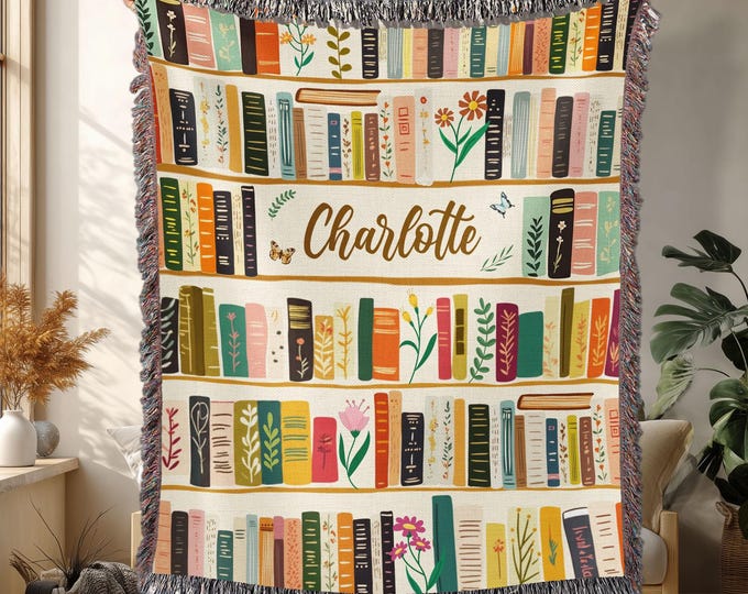 Personalized Cottagecore Bookshelf Library Throw Blanket: Gift For Book Lover
