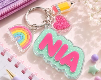 Personalized Girls Bag Name Tag with Charms, Cute Kids Backpack Keychain, Lunch Box Tag, Water Bottle Name Tags for Kids, Back To School Tag
