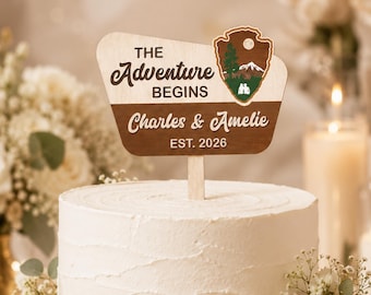 Adorno personalizado de madera para pastel de bodas al aire libre: Adornos personalizados con nombres de parejas, letreros de parques nacionales, decoración para bodas en campamentos, recuerdos para la fiesta de bodas.