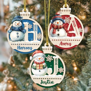 Personalized 2 Layer Wooden Snowman Christmas Ornament: Initial Kids Ornament