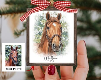 May include: A rectangular wooden-framed ornament featuring a watercolor illustration of a brown horse with a white star on its forehead, wearing a bridle. Below the horse, the text reads Willow 2025. A red and white gingham ribbon is tied at the top.