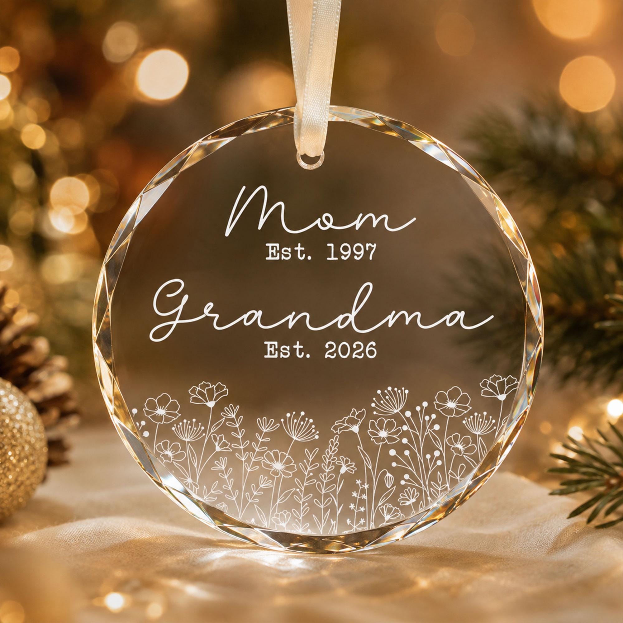 Personalized Grandma Rose Ceramic Ornament, 2026 Holiday Keepsake (Golden Hanger)