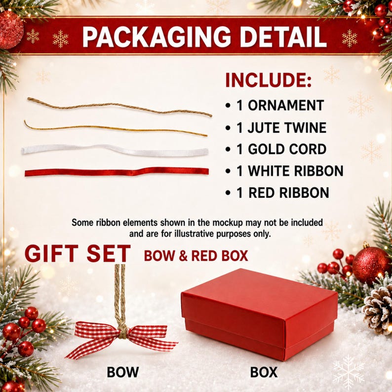May include: A gift set packaging detail graphic featuring text and images of one ornament, jute twine, gold cord, white ribbon, red ribbon, a red bow, and a red box. The text includes PACKAGING DETAIL, INCLUDE, 1 ORNAMENT, 1 JUTE TWINE, 1 GOLD CORD, 1 WHITE RIBBON, 1 RED RIBBON, GIFT SET, BOW & RED BOX.