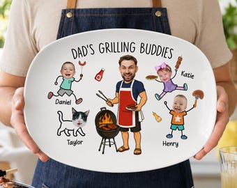 Personalized Dad Grilling Platter with Kids Names, Funny Kids Face Platter, BBQ Dad Gifts, Grill Daddy Plate, Fathers Day Gift for Husband