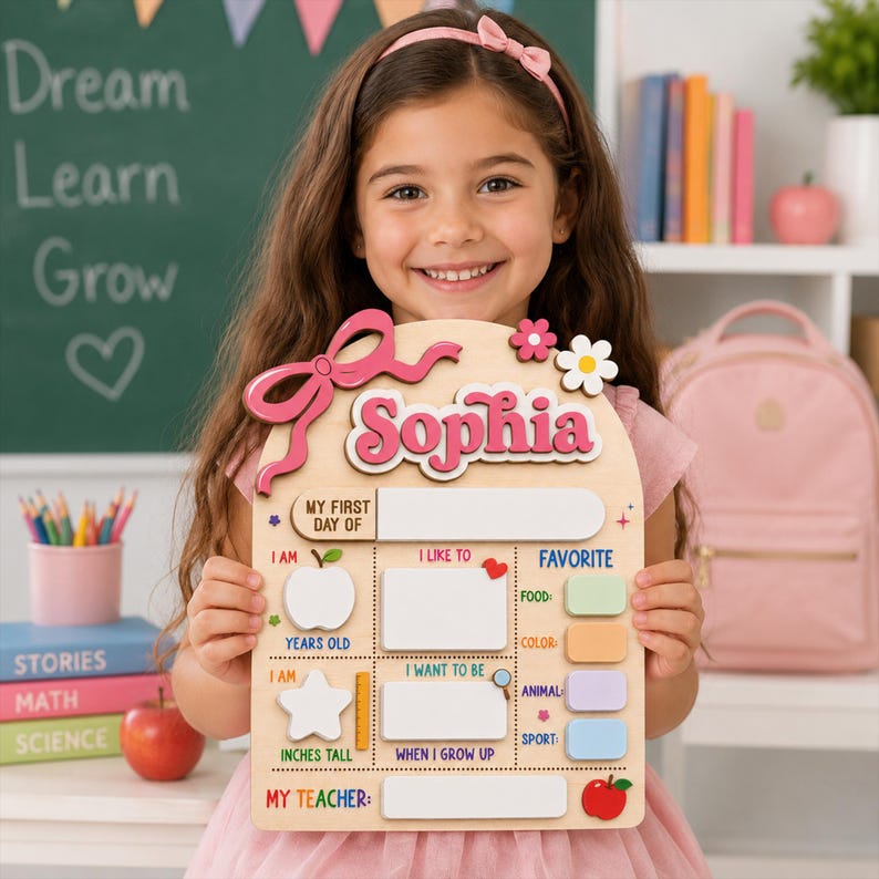 May include: A wooden arch-shaped sign with the name Sophia in pink letters at the top. The board features sections for My First Day Of, I Am, I Like To, Favorite, and My Teacher, with blank white spaces for writing details and colorful icons.