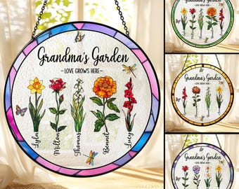 Personalized Grandma's Garden Stained Glass Suncatcher: Custom Birth Month Flowers