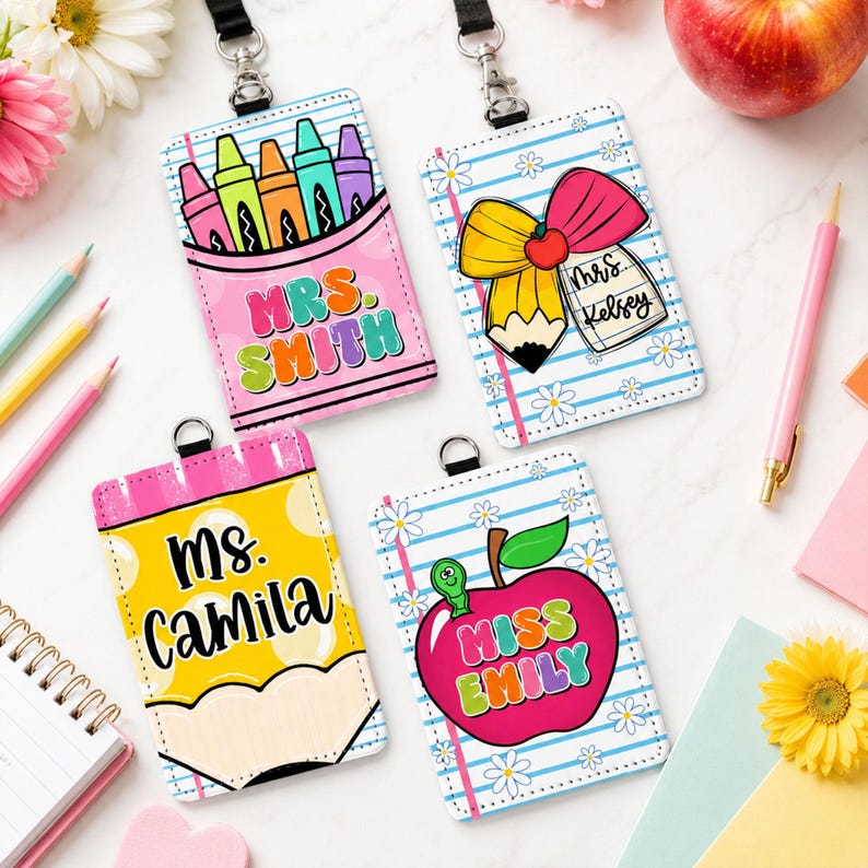 Custom Name Teacher Leather ID Card Holder: Personalized End Of School Teacher Gift, Teacher Appreciation Gifts image 1