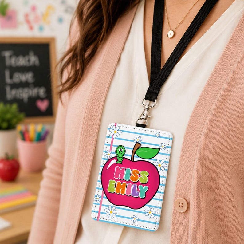 Custom Name Teacher Leather ID Card Holder: Personalized End Of School Teacher Gift, Teacher Appreciation Gifts image 2