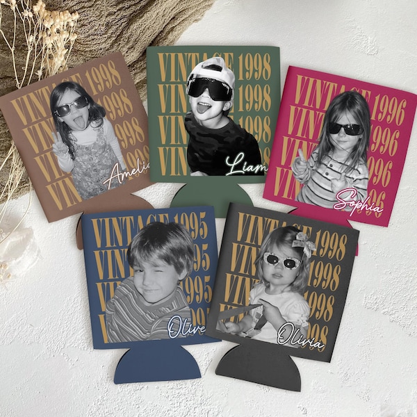 Personalized Vintage Photo Birthday Can Cooler, Custom Photo Birthday Can Coolers, 30th 40th Birthday Can Cooler, Birthday Drink Holder