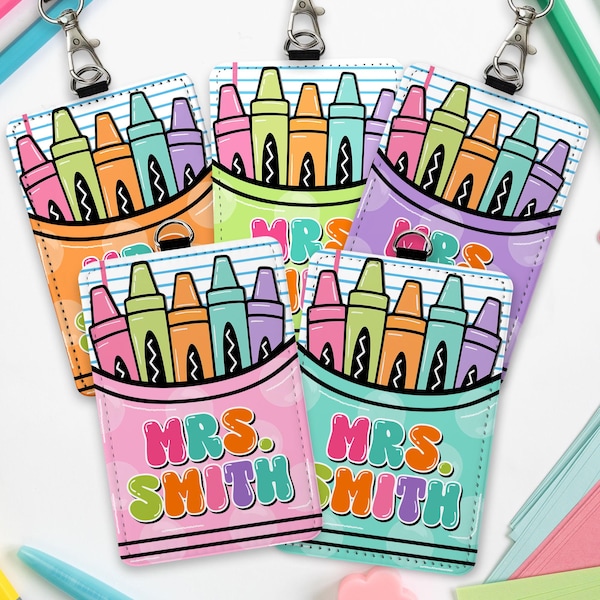 Personalized Teacher Crayon Box Leather ID Card Holder, Teacher Lanyard Accessories, Back To School Gift For Teacher, Teacher Appreciation