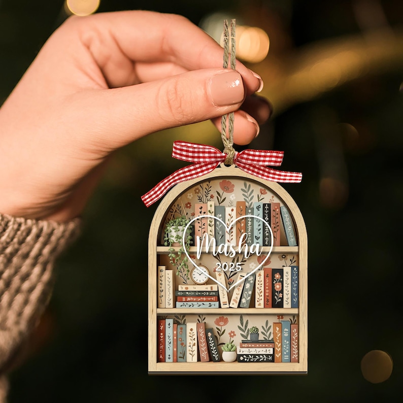 Personalized Acrylic Bookshelf Ornament With Name: Christmas Book Lover Gift