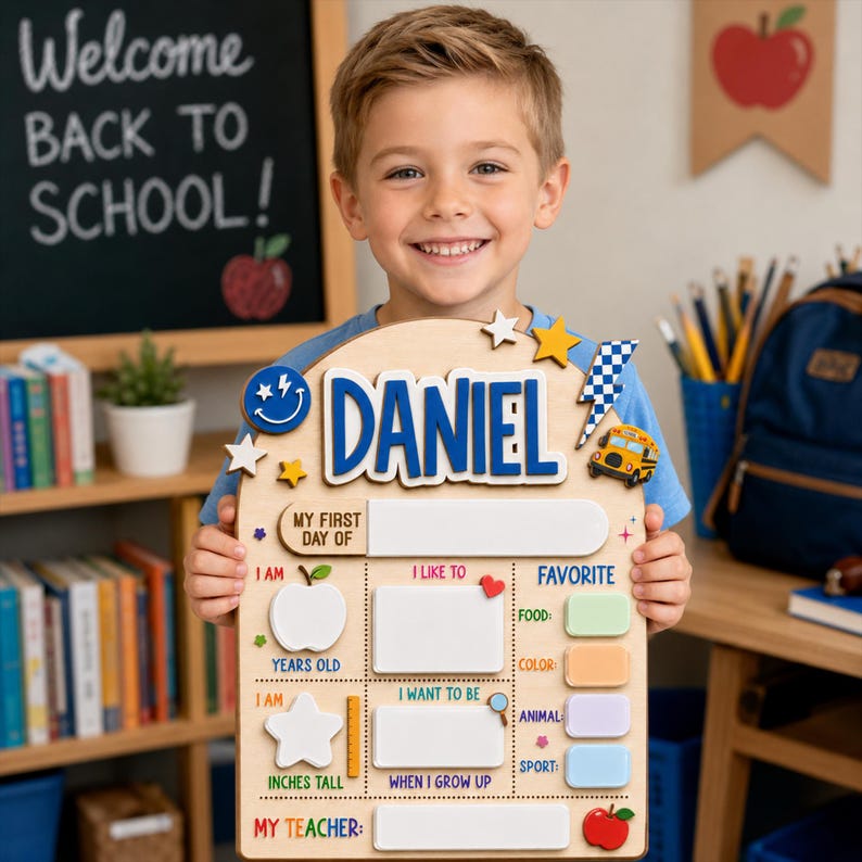 May include: A wooden back-to-school sign featuring the name DANIEL in blue letters, with sections for My First Day Of, I Am, I Like To, Favorite, and My Teacher. The board includes icons of an apple, a school bus, a star, and a lightning bolt.