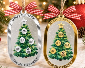 May include: Two oval Christmas tree ornaments with silver and gold frames, each featuring a printed green pine tree, a star labeled 2026, and round baubles personalized with the names Emma, Lily, Liam, Mia, and Max, topped with a red gingham bow.