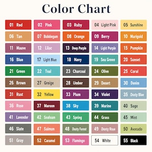 Puede incluir: Una carta de colores con 55 muestras de color, cada una etiquetada con un n&uacute;mero y un nombre de color. Los colores van del rojo al negro, incluyendo tonos como el turquesa, el azul marino y el rosa polvoriento. El t&iacute;tulo "Color Chart" est&aacute; en la parte superior.