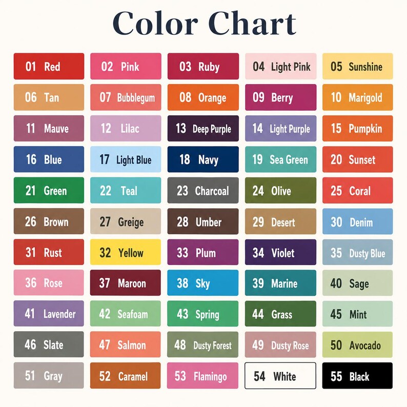 Puede incluir: Una carta de colores con 55 muestras de color, cada una etiquetada con un n&uacute;mero y un nombre de color. Los colores van del rojo al negro, incluyendo tonos como el turquesa, el azul marino y el rosa polvoriento. El t&iacute;tulo "Color Chart" est&aacute; en la parte superior.
