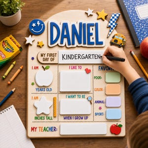 May include: A wooden first day of school sign with the name DANIEL in blue letters. It features sections for kindergarten, age, height, interests, and teacher. The board includes decorative shapes like stars, a school bus, and an apple.