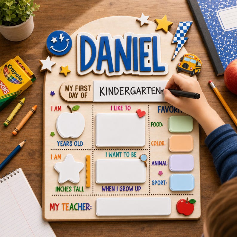 May include: A wooden first day of school sign with the name DANIEL in blue letters. It features sections for kindergarten, age, height, interests, and teacher. The board includes decorative shapes like stars, a school bus, and an apple.