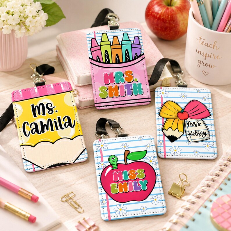 Custom Name Teacher Leather ID Card Holder: Personalized End Of School Teacher Gift, Teacher Appreciation Gifts image 3