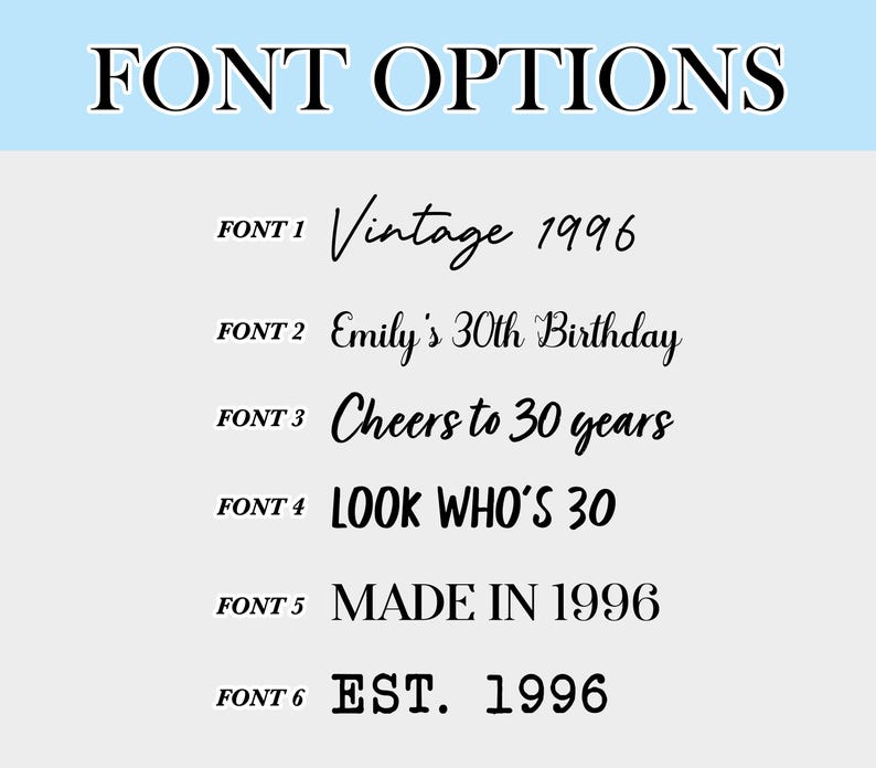 Puede incluir: Una tabla digital titulada FONT OPTIONS que muestra seis estilos de fuente negros distintos etiquetados de FONT 1 a FONT 6. Cada l&iacute;nea presenta texto de muestra que incluye Vintage 1996, Emily's 30th Birthday, Cheers to 30 years, LOOK WHO'S 30, MADE IN 1996 y EST. 1996.