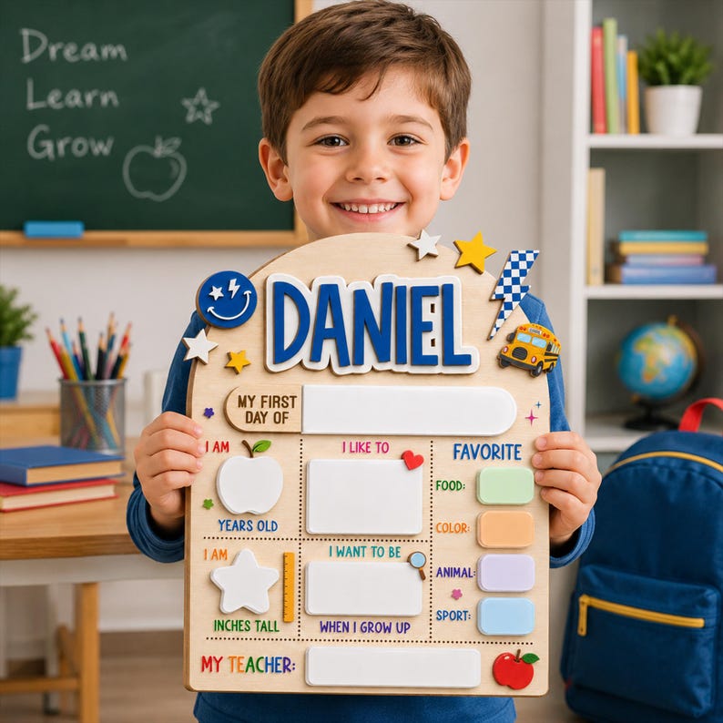 May include: A wooden first day of school sign featuring the name Daniel in blue letters, with sections for age, height, interests, and teacher. The board includes colorful icons like a school bus, apple, star, and lightning bolt for personalization.