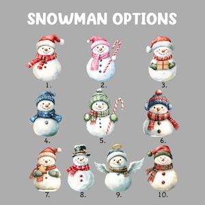 May include: A collection of ten watercolor-style snowman illustrations labeled 1 through 10 under the heading SNOWMAN OPTIONS. Each snowman features unique winter accessories like hats, scarves, candy canes, gifts, or wings, rendered in festive colors.