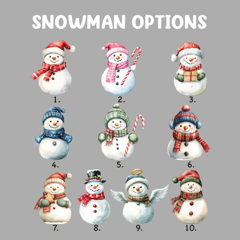 May include: A collection of ten watercolor-style snowman illustrations labeled 1 through 10 under the heading SNOWMAN OPTIONS. Each snowman features unique winter accessories like hats, scarves, candy canes, gifts, or wings, rendered in festive colors.
