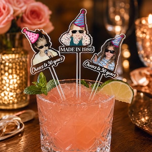 Custom Funny Childhood Photo Birthday Drink Stirrers, Personalized Vintage Picture Swizzle Stir Sticks, 30th 40th 50th Birthday Party Favors