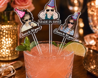 Custom Funny Childhood Photo Birthday Drink Stirrers, Personalized Vintage Picture Swizzle Stir Sticks, 30th 40th 50th Birthday Party Favors
