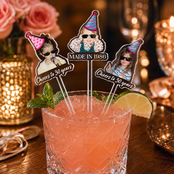 Custom Funny Childhood Photo Birthday Drink Stirrers, Personalized Vintage Picture Swizzle Stir Sticks, 30th 40th 50th Birthday Party Favors