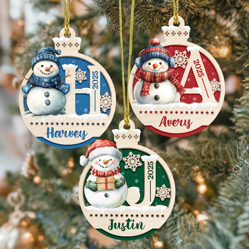 Personalized 2 Layer Wooden Snowman Christmas Ornament: Initial Kids Ornament