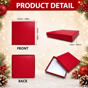 May include: A square red gift box with a lid, shown from the front, back, and side angles. The box measures 4.06 inches by 4.06 inches with a height of 0.95 inches. The interior of the box is white, and the exterior is a solid red color.