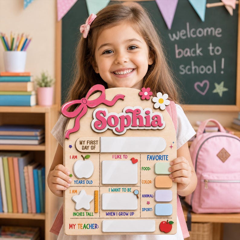 May include: A wooden first day of school sign featuring the name Sophia in pink letters, a large pink bow, and white blank spaces for writing details like age, height, favorite food, color, animal, sport, and teacher, decorated with colorful icons.