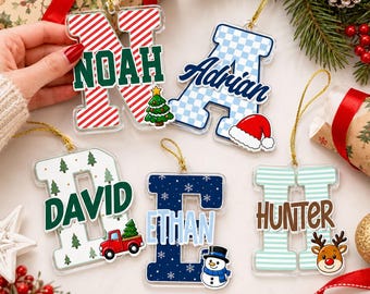 Custom Boys Name Ornament with Christmas Charm, Personalized Baby Boy Ornament, Christmas Gifts for Kids, Stocking Name Tags