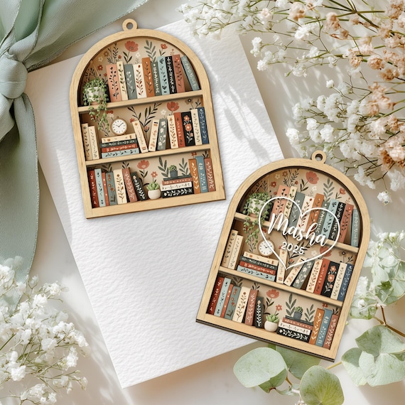 Personalized Acrylic Bookshelf Ornament With Name: Christmas Book Lover Gift
