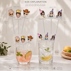 Puede incluir: Una colecci&oacute;n de agitadores de acr&iacute;lico transparente con adornos fotogr&aacute;ficos personalizados de rostros con sombreros de fiesta o vaqueros y gafas de sol. Los agitadores incluyen textos como Vintage 1996, Look Who's 30 y Cheers to 30 Years. Se muestran en vasos de 12 oz y 16 oz.