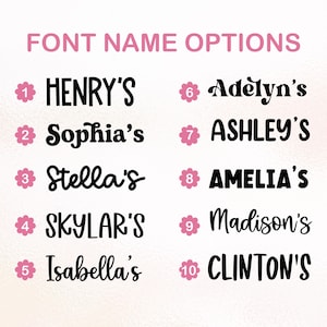 May include: A chart titled FONT NAME OPTIONS displaying ten numbered choices, each marked with a pink flower icon. The list includes names like HENRY'S, Sophia's, Stella's, SKYLAR'S, Isabella's, Adelyn's, ASHLEY'S, AMELIA'S, Madison's, and CLINTON'S in various fonts.