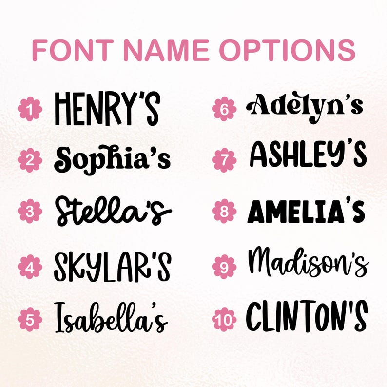 May include: A chart titled FONT NAME OPTIONS displaying ten numbered choices, each marked with a pink flower icon. The list includes names like HENRY'S, Sophia's, Stella's, SKYLAR'S, Isabella's, Adelyn's, ASHLEY'S, AMELIA'S, Madison's, and CLINTON'S in various fonts.