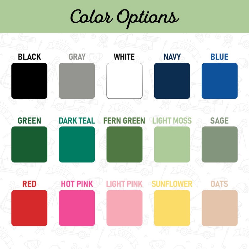 Puede incluir: Imagen que muestra opciones de color con el texto "Color Options" en fuente cursiva. La imagen presenta una cuadr&iacute;cula de muestras de color etiquetadas con nombres como negro, gris, blanco, azul marino, azul, verde, verde oscuro, verde helecho, musgo claro, salvia, rojo, rosa intenso, rosa claro, girasol y avena.