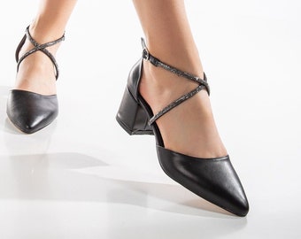 Damen-Schuhe mit Absatz, Damen-Hochzeitsschuhe, Damen-Stiletto-Schuhe, schwarze vegane Lederschuhe, schwarze Absatzschuhe, spitze Zehenschuhe, Mary Janes