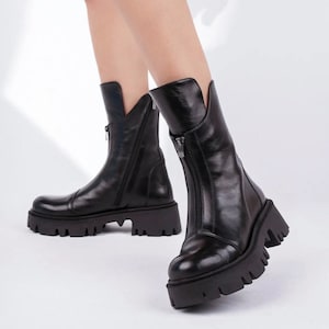 Zwarte enkellaarzen dames, lange laarzen dames, echte leren laarzen dames, snowboots dames, dameslaarzen met rits, Zwarte plateaulaarzen