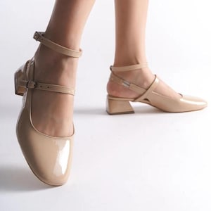 Chaussures vernies pour femme, Chaussures de mariage pour femme, Chaussures à talons aiguilles pour femme, Chaussures en cuir verni noires, Chaussures Mary Jane à talons noirs pour femme, Mary Jane rétro Beige