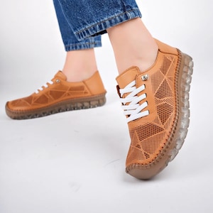Genuine Leather Women&#39;s Shoes, Handmade Lace Up Loafers, Casual Summer Sneakers, Sport Daily Flat Shoes, Boho Footwear, White Bridal Shoes