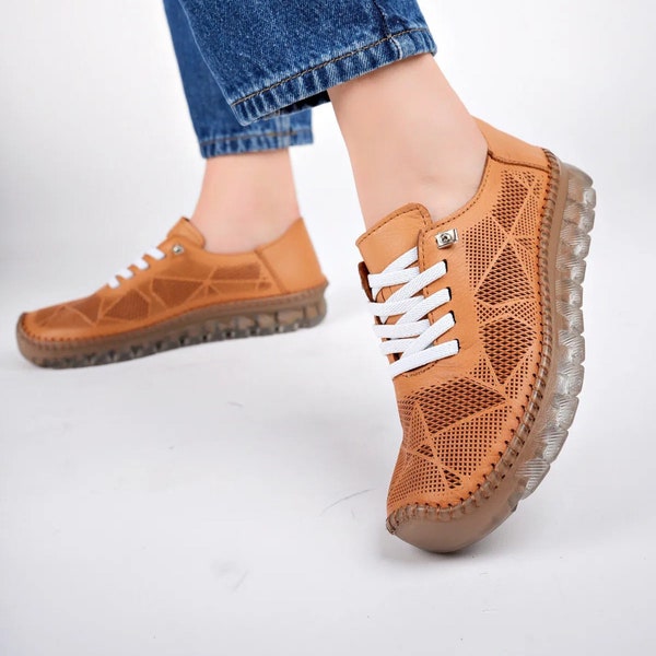 Genuine Leather Women's Shoes, Handmade Lace Up Loafers, Casual Summer Sneakers, Sport Daily Flat Shoes, Boho Footwear, Tan Daily Sneakers